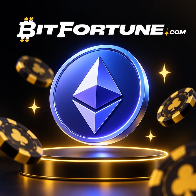 A promotional graphic for 'BITFORTUNE.COM' featuring a large Ethereum (ETH) coin floating above a glowing gold platform, surrounded by floating poker chips and sparkles.
