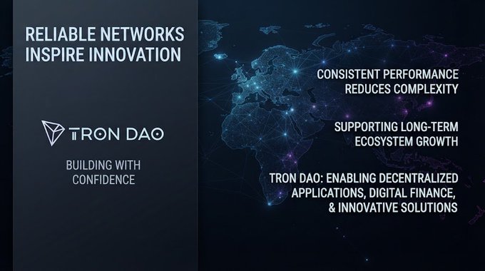A TRON DAO promotional graphic stating 'RELIABLE NETWORKS INSPIRE INNOVATION' and 'BUILDING WITH CONFIDENCE', highlighting 'CONSISTENT PERFORMANCE REDUCES COMPLEXITY' and 'SUPPORTING LONG-TERM ECOSYSTEM GROWTH' over a world map with network nodes.