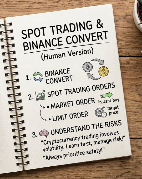 A spiral notebook page titled 'SPOT TRADING & BINANCE CONVERT (Human Version)' outlines three steps: 1) Binance Convert, 2) Spot Trading Orders including Market Order (instant buy) and Limit Order (target price), and 3) Understand the Risks with quotes 'Cryptocurrency trading involves volatility. Learn first, manage risk!' and 'Always prioritize safety!'