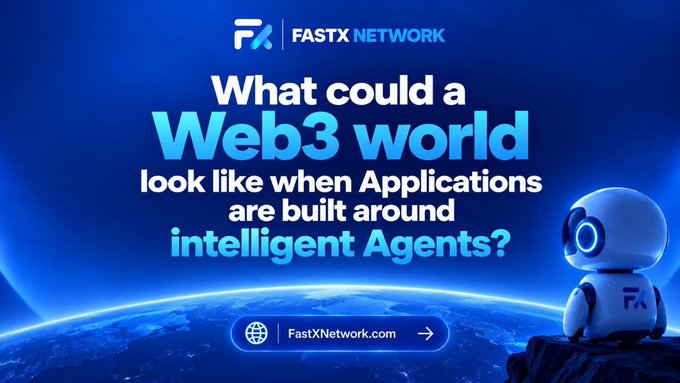 A promotional graphic for 'FASTX NETWORK' asking 'What could a Web3 world look like when Applications are built around intelligent Agents?' with a white robot mascot and a 'FastXNetwork.com' button.
