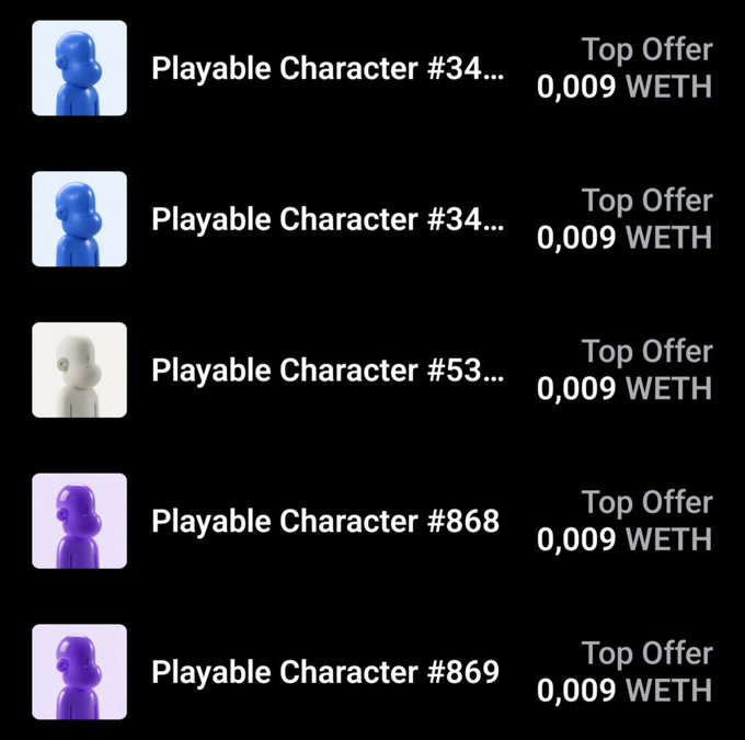 A dark interface displays a list of 'Playable Character' NFTs (#34..., #53..., #868, #869) with identical 'Top Offer' prices of 0.009 WETH.