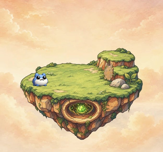 An illustration of a blue, round cat-like creature standing on a grassy floating island with rocks and a green gem in a cavity, set against a cloudy sky.