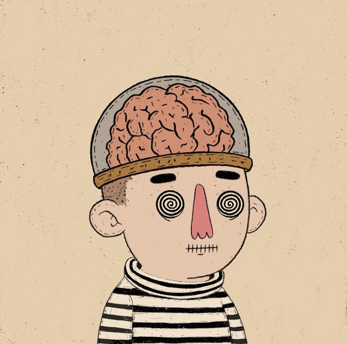 A cartoon illustration of a person with an exposed brain visible through a transparent skull dome, hypnotic spiral eyes, a stitched mouth, and a striped shirt.