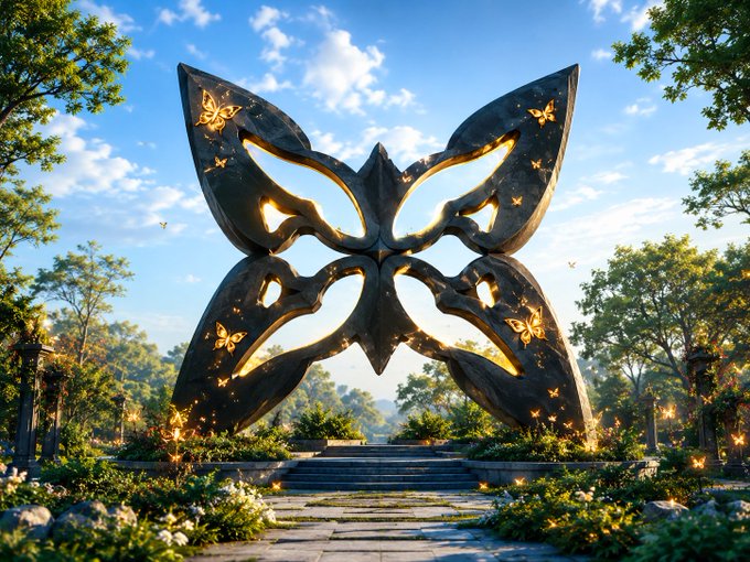 A digital artwork depicting a large, ornate black monument shaped like a butterfly, decorated with glowing gold butterflies, standing in a lush garden setting.