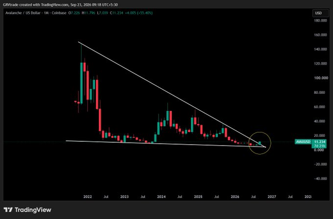 A TradingView chart of Avalanche (AVAX/USD) showing a long-term descending triangle pattern with prices around $11.21, displayed on a monthly timeframe.