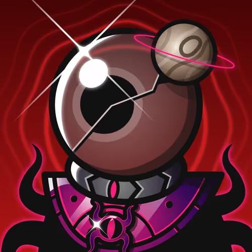 A stylized digital illustration of a large eye with a smaller planet-like sphere, set against a red background with dark shadowy elements at the bottom.