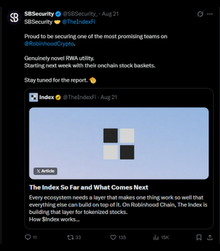 The image shows a tweet from SBSecurity (@SBSecurity_) posted on August 21, announcing they are securing Index (@TheIndexFi) as one of the most promising teams on @RobinhoodCrypto, with a focus on Index's novel RWA (real-world assets) utility launching next week with onchain stock baskets. The tweet includes a preview of an Index article titled "The Index So Far and What Comes Next," which discusses building a layer for tokenized stocks—directly tying to the accompanying post's commentary on Robinhood's Vlad Tenev publicly mentioning mechanics related to Index and stock token airdrops.