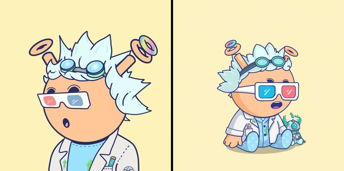 Two cartoon illustrations of a character with a halo, goggles, and a lab coat; one shows a close-up of the face, and the other shows the full character sitting down.