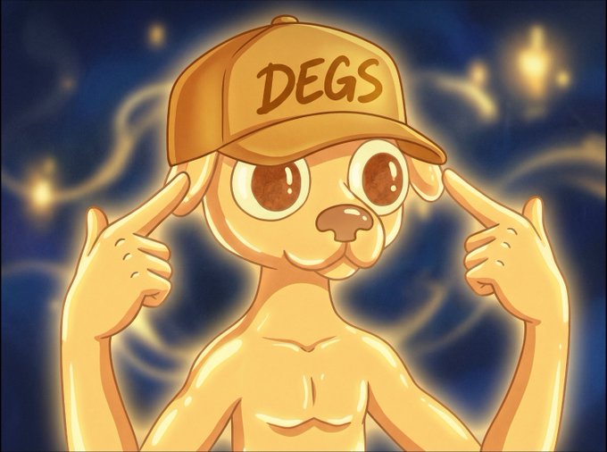A cartoon drawing of a buff dog wearing a brown cap with the text 'DEGS' on it, pointing at its head with both hands against a blue background with clouds and lights.