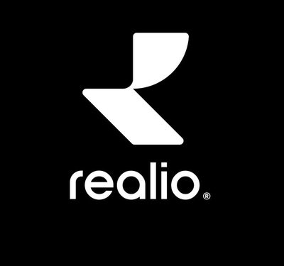 A logo image featuring the word "realio" in lowercase white text on a black background, accompanied by a stylized abstract "R" symbol above it, with a small registered trademark symbol next to the text.