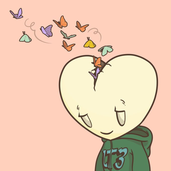 Cute cartoon illustration of a heart-shaped head character wearing a green hoodie with '073' written on it, with butterflies flying out of a crack in its head against a peach background.