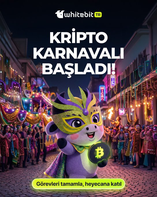 The image is a WhiteBIT TR promotional graphic for their "Kripto Karnavalı" (Crypto Carnival) featuring a purple cartoon monkey mascot wearing a festive carnival mask and holding a Bitcoin coin, set against a vibrant nighttime parade background. The Turkish text reads "KRİPTO KARNAVALI BAŞLADI!" (The Crypto Carnival Has Started!) and "Görevleri tamamla, heyecana katıl" (Complete the tasks, join the excitement), directly promoting the campaign where users complete transactions to earn points and win prizes like an iPhone 17 Pro Max, PlayStation 5, and GTA VI codes.
