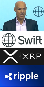 A collage featuring a man in a suit (likely a financial executive), the SWIFT logo, the XRP (X) logo, and the Ripple logo, suggesting news relating Ripple to SWIFT and XRP.