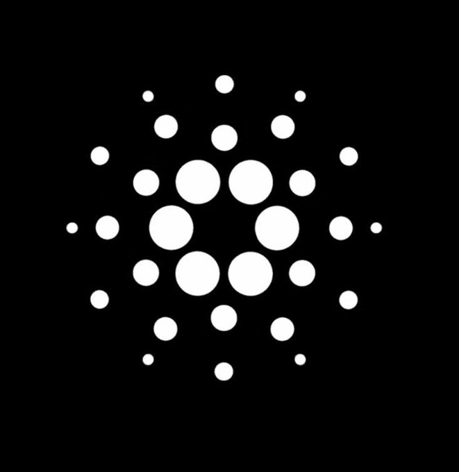 The image shows an advertisement with a white, black, and gray color scheme featuring circles or dots against a black background. The logo has a distinct shape, with the dot arrangement appearing random yet orderly. The presence of a single circle within this composition suggests that the viewer's attention is drawn to it. However, the text within the image indicates that there are problems with governing the Cardano network as per the post's context. This could mean that the authorities have concerns about issues related to the management or stability of the Cardano cryptocurrency.