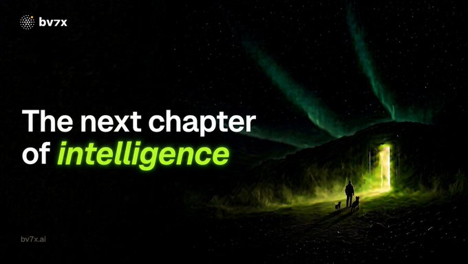 A promotional banner for 'bv7x' reading 'The next chapter of intelligence' set against a dark landscape with a glowing green doorway.