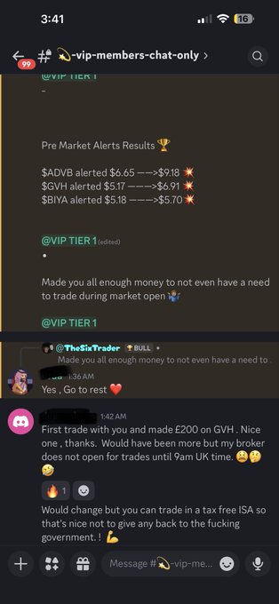 Screenshot of a VIP Discord chat showing premarket alert results: $ADVB $6.65→$9.18, $GVH $5.17→$8.75, $BIYA $5.18→$6.90, alongside a new member's reply celebrating a £200 win on $GVH.