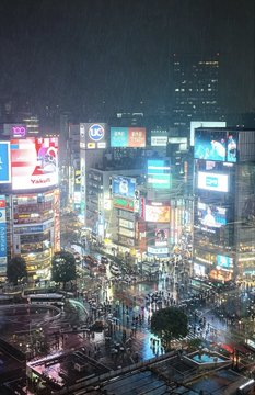A nighttime cityscape of a bustling urban intersection, likely Shibuya in Tokyo, illuminated by large billboards and neon advertisements, viewed through a rain-streaked window with streaks of car lights crossing the wet streets below.