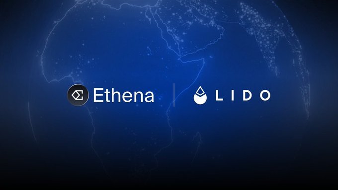 The image features the Ethena and Lido logos displayed side by side against a dark blue globe background, visually representing the integration announced in the post—Ethena's USDe stablecoin now being included in Lido's EarnUSD curated vault, symbolizing the growing partnership between the two protocols and the expansion of $ENA's utility within the DeFi ecosystem.