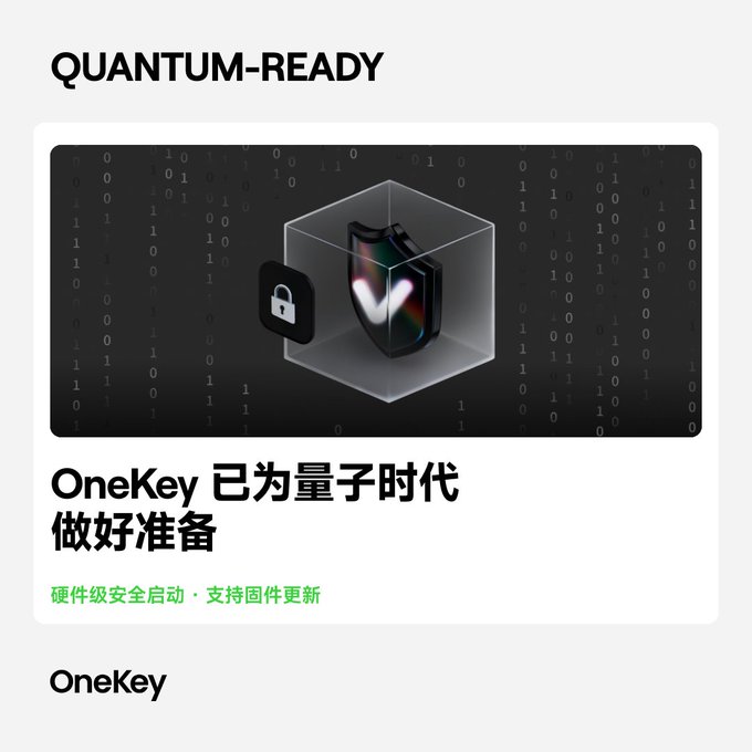 The image shows a promotional graphic labeled "QUANTUM-READY" featuring a OneKey hardware wallet with a padlock icon displayed against a background of binary code, with Chinese text stating "OneKey has prepared for the quantum era" and "Hardware-level secure boot, supports firmware updates." 

This relates to the post by illustrating OneKey's response to the quantum computing threat against cryptocurrency security—the hardware wallet is being marketed as already equipped to handle the future cryptographic challenges that powerful quantum computers could theoretically pose to Bitcoin and other encrypted systems.