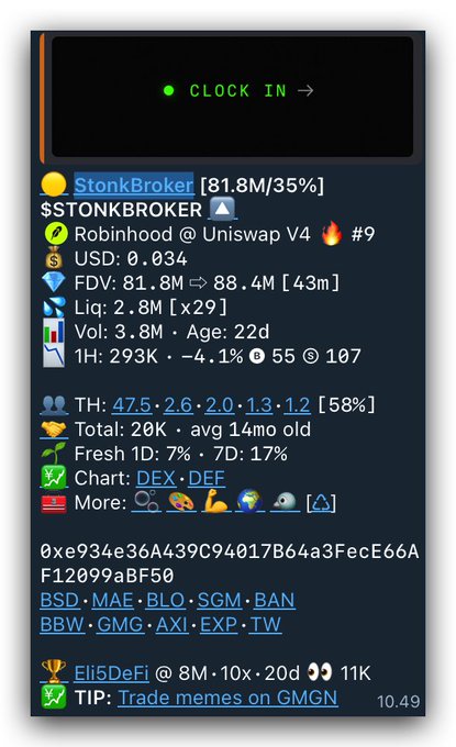 A trading bot screenshot displays token data for $STONKBROKER, showing a market cap of $81.8M (35% bonded), FDV of $88.4M, liquidity of 2.8M, and noting it's deployed via Robinhood on Uniswap V4. The image aligns with the post's commentary about the $STONKBROKER token giving 2021 Wonderland vibes, supporting the observation that the Robinhood chain ecosystem appears to be gaining traction with higher potential.