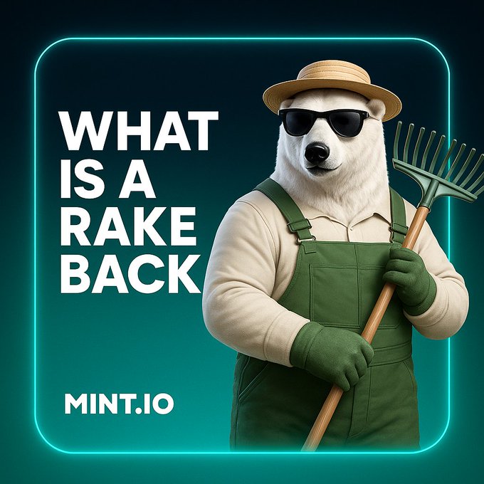 A polar bear wearing a straw hat, sunglasses, and green overalls holds a rake, accompanied by the text 'WHAT IS A RAKE BACK' and 'MINT.IO' logo.