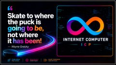 The image is a promotional graphic featuring the Internet Computer (ICP) logo with a quote from Wayne Gretsky: "Skate to where the puck is going to be, not where it has been!" It supports the post by highlighting ICP's forward-thinking approach to decentralized website hosting, contrasting its reliability with the security issues and headaches the user experienced with WordPress.