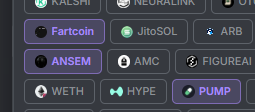A cropped screenshot showing a list of cryptocurrency tickers including KALSHI, NEURALINK, Fartcoin, JitoSOL, ARB, ANSEM, AMC, FIGUREAI, WETH, HYPE, and PUMP.