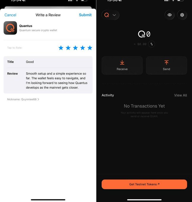 The image shows a split-screen view: on the left, an App Store review screen for "Quantus - Quantum secure crypto wallet" titled "Good" with 5 stars from user "Quynniee66," and on the right, the Quantus wallet interface displaying a $0.00 balance, Receive/Send options, and a "Get Testnet Tokens" button, illustrating the user's experience of reviewing the app after testing its features.