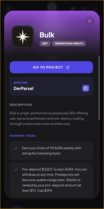 Mobile app popup for 'Bulk,' a DeFi/Generational Wealth project, featuring an invite code (DerParser1), description as a high-performance perpetuals DEX, and farming tasks for earning 1M AURA weekly.