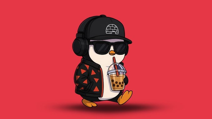 A cartoon penguin character wearing a black cap, sunglasses, and a patterned jacket carries a bubble tea drink against a red background.