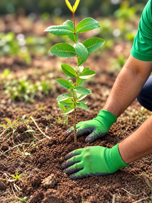 A close-up shot of a person wearing a green shirt and green gardening gloves planting a small green sapling into dark brown soil.