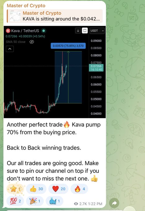 A Telegram post from "Master of Crypto" celebrating a 70% pump on KAVA/USDT, displayed with a TradingView chart showing KAVA reaching $0.07266 (up 0.54%) after rallying from $0.03570. The caption boasts of consecutive winning trades and invites viewers to pin the channel for future spot trade calls such as $SAGA (2X), $NEAR (2X), $ZEC (3.5X), $ARB (2.5X), and now $KAVA (70%).