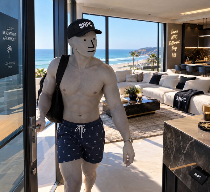 An AI-generated or edited image showing a shirtless muscular figure wearing a white expressionless mask, a black '$NPC' cap, and patterned swim shorts with a bag strap, standing in a luxury beachfront apartment interior with $NPC branded pillows.
