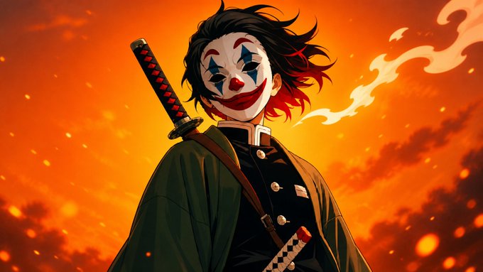A digital illustration of an anime character wearing a clown mask and dark clothing, with a katana strapped to their back, standing against a dramatic fiery orange background with embers.