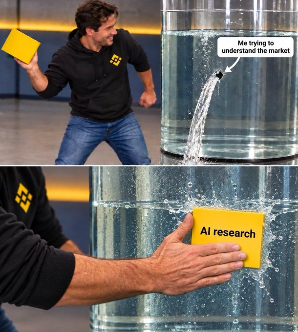 A two-panel meme showing a man with a yellow box trying to understand the market, with the bottom panel showing him placing the 'AI research' box against a hole in a water tank.