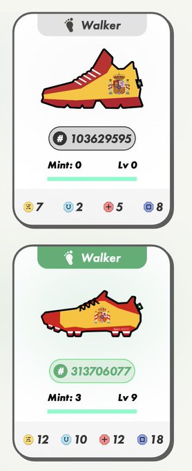 Two NFT sneaker cards from a 'Walker' collection, designed with Spanish flag colors and emblems, showing different levels (Lv 0 and Lv 9) and stats.