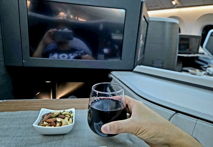 A hand raises a glass of red wine in a cheers gesture beside a bowl of mixed nuts, set on a tray table in what appears to be a luxury airline cabin with a built-in entertainment screen displaying the photographer's reflection. The image visually reinforces the post's "Europe VACATION continues! CHEERS" message, showcasing the lifestyle success the author attributes to having smart followers ride their wave rather than getting "REKT" like most crypto investors.