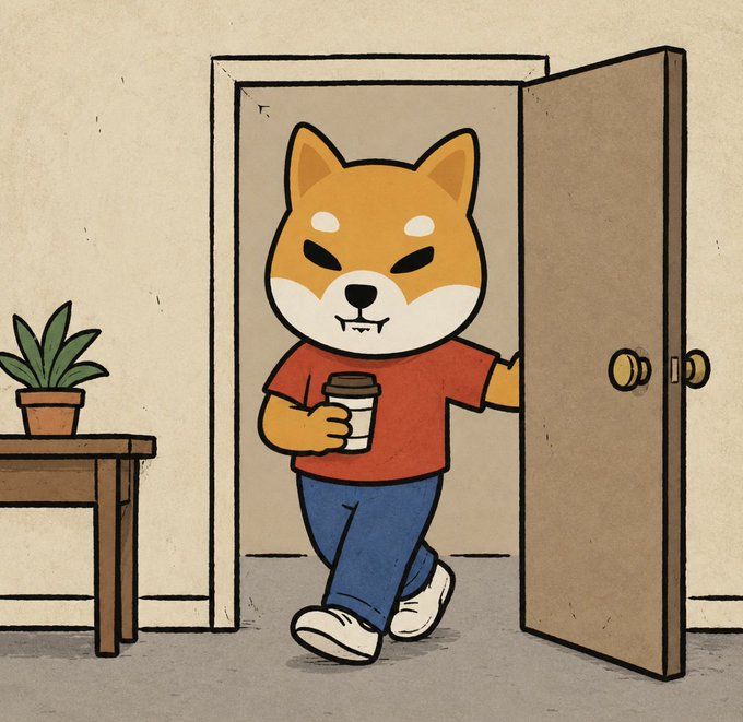 An anthropomorphic Shiba Inu dog wearing a red shirt and jeans walks through a door while holding a coffee cup, illustrating the "refill" metaphor in the post by serving as a fresh visual dose of $SHIB content for the timeline.