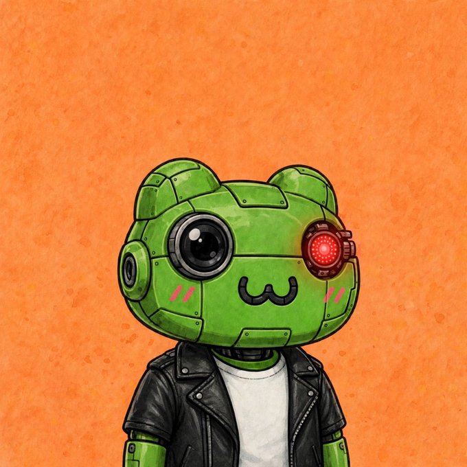 Illustration of a green robot character with a glowing red eye wearing a black leather jacket and white shirt against an orange background.