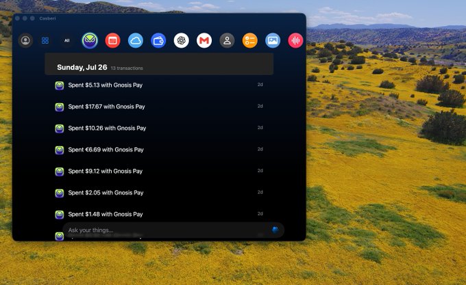 The image shows a macOS desktop with the Cosbori app open, displaying a transaction history with multiple "Spent [amount] with Gnosis Pay" entries for Sunday, July 26 (totaling $44.86), demonstrating the desktop integration of Casbori's crypto tracking functionality with Gnosis Pay.
