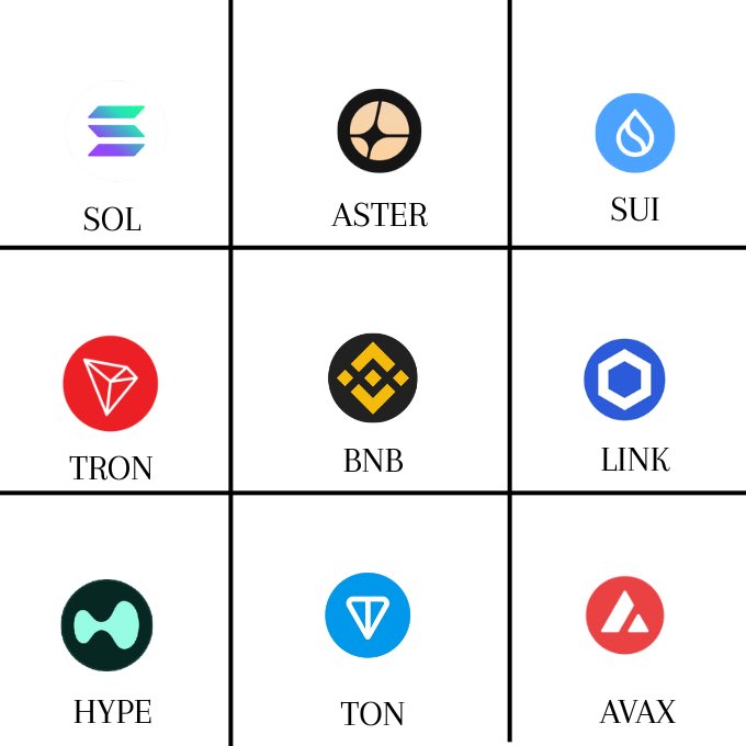 A 3x3 grid displays cryptocurrency token logos and tickers (SOL, ASTER, SUI, TRON, BNB, LINK, HYPE, TON, AVAX), representing the investment options from which the poster asks viewers to choose two tokens with a $3,000 budget for a bull run.