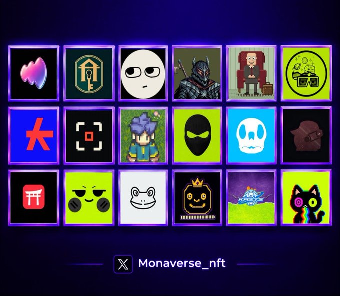 A grid of 18 colorful NFT avatar icons displayed against a dark blue background, with the X handle @Monaverse_nft.