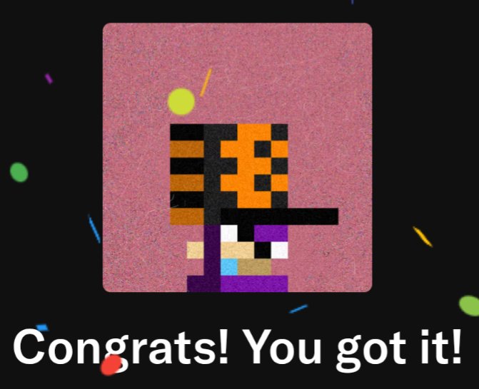 The image features a cartoon character wearing a hat, which appears to be a tiger or a lion with orange and black stripes. The character has a purple shirt and is standing against a pink background that looks like a cake. There are also small green circles scattered around the image. In the bottom right corner of the image, there's text that reads "congrats! You got it!".