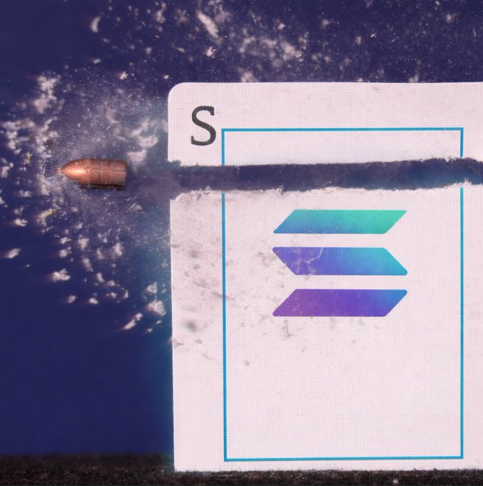 A digital illustration or filter depicts a document labeled "S" with a holographic Solana logo being torn or shot through by a bullet.