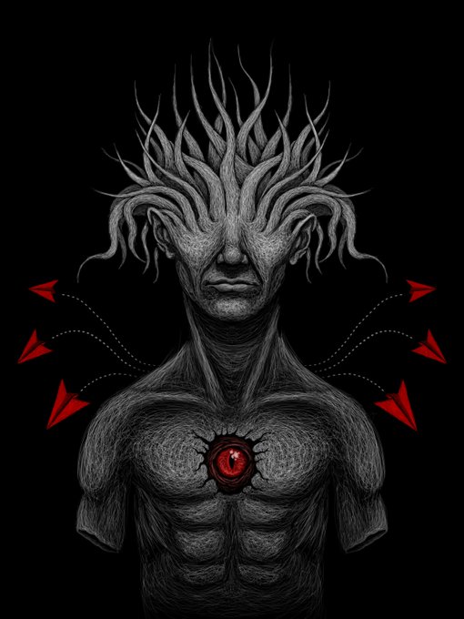 A dark surreal illustration of a gray tree-like humanoid figure with root-like hair and a red eye embedded in its chest, with red paper airplanes floating around it on a black background.