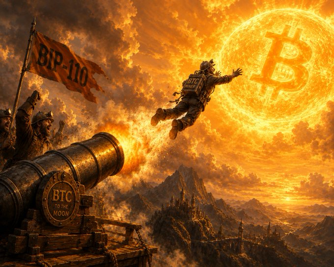 A dramatic fantasy illustration depicts a warrior being launched from a cannon labeled 'BTC TO THE MOON,' flying toward a massive glowing Bitcoin symbol in the sky while figures below wave a 'BIP-110' flag.