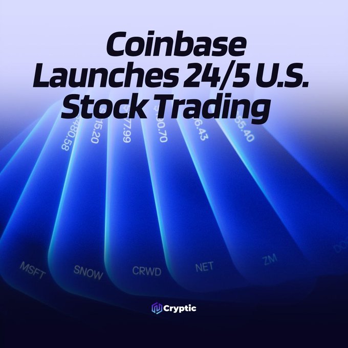The image is a promotional graphic with the headline "Coinbase Launches 24/5 U.S. Stock Trading" displayed over a stylized blue background featuring illuminated cards labeled with stock tickers including MSFT (Microsoft), SNOW (Snowflake), CRWD (CrowdStrike), NET (Cloudflare), and ZM (Zoom), along with corresponding price figures, visually reinforcing Coinbase's new 24/5 stock trading offering for UK users.