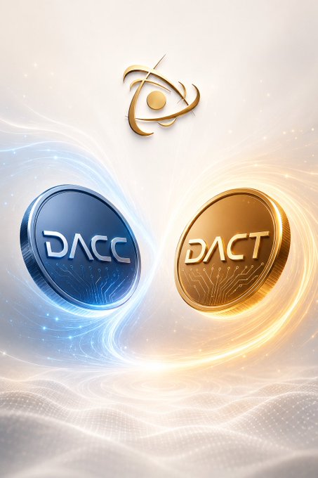Two metallic tokens labeled "DACC" (blue) and "DACT" (gold) float side by side beneath a golden abstract logo, visually separating their distinct roles—DACT as the governance and security token, and DACC as the utility token powering transactions—reinforcing the message that these are two different tokens serving separate functions within the DAC blockchain ecosystem.