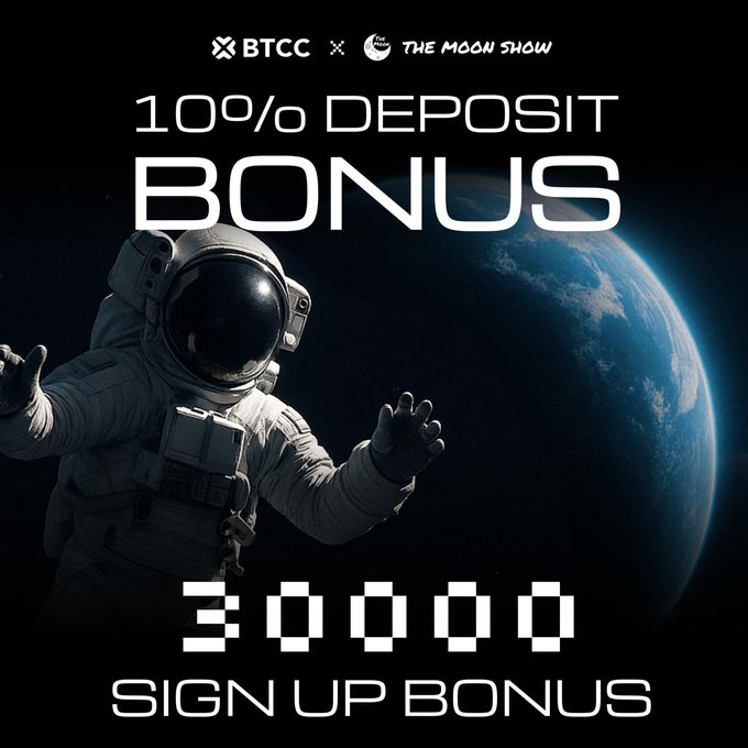 The image features a man dressed as an astronaut standing next to Earth, with a black background against which he stands out prominently. The text "@BTCCExchange" is present in the image. A signup bonus for an exchange named @BTCCExchange is displayed above this figure, along with the text "Sign up now!". This image appears to promote an exchange where users can participate by sending money as a deposit or bonus, referred to as a "10%/o deposit bonus", which could be related to trading in Cryptocurrencies. The inclusion of the name "@BTCCExchange" and the reference to their "exchanges" seem to imply that this is a cryptocurrency exchange platform.