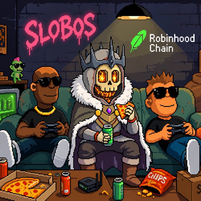 A pixel-art style promotional image featuring a skull king wearing a crown sitting on a couch between two friends playing video games, with the "SLOBOS" logo in pink graffiti text on the left wall and the "Robinhood Chain" logo on the right. The scene includes pizza, energy drinks, chips, and gaming snacks on the coffee table, tying into the announcement of a collaboration between Robinhood Chain and Slobos offering 35 giveaway spots for their upcoming NFT collection.